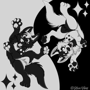Può includere: Un'illustrazione digitale che raffigura due creature antropomorfe simili a lupi in una composizione yin-yang. Una creatura è prevalentemente nera con accenti bianchi, l'altra è bianca con accenti neri. Entrambe hanno zampe, code e icone a forma di stella.