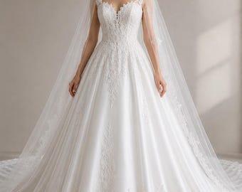 Elegant White Lace Wedding Dress with Cathedral Veil – Luxury A-Line Bridal Gown for Women