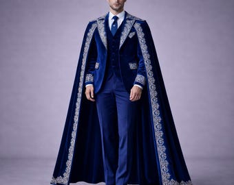 Royal Blue Velvet Men's Suit with Matching Embroidered Cape | Luxury Wedding Groom Tuxedo | Prince Charming Cosplay | Regal Outfit