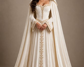 Luxury Medieval Bridal Gown with Hooded Cape, Modest Satin Wedding Dress for Women, Elegant White Princess Wedding Dress.