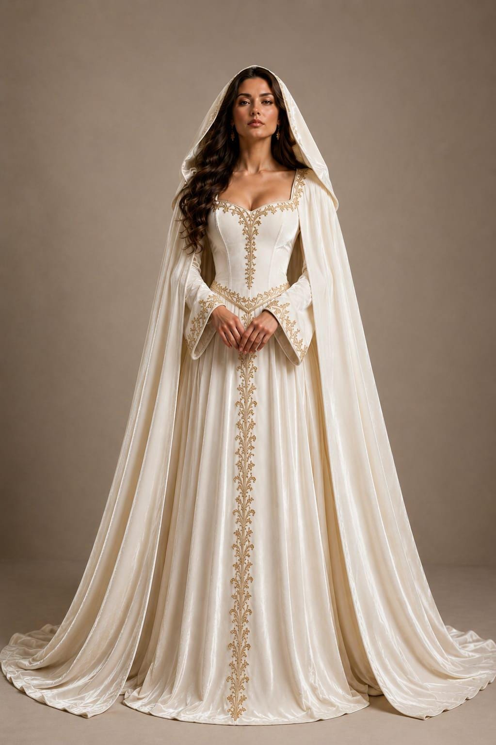 viking princess dress Goth Viking Queen Wedding Dress with Sleeves Unique Faux Fur Trimmed Coat Gown (12 Month Make Time)