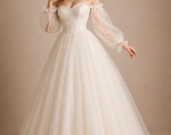 Ivory Off Shoulder Wedding Dress, Princess Ball Gown Wedding Dress, Puffy Sleeve Bridal Gown, Corset Wedding Dress, Tulle Bridal Dress.