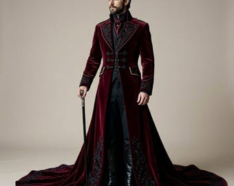 Men’s Victorian Gothic Velvet Coat with Train, Steampunk Tailcoat Jacket, Embroidered Aristocrat Long Coat, Vintage Royal Wedding Outfit