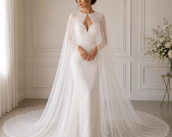 Minimalist Bridal Cape with Train, Sheer Wedding Cape Veil, Elegant Tulle Bridal Cover Up, Cathedral Length Bridal Cape,  Wedding Accessory