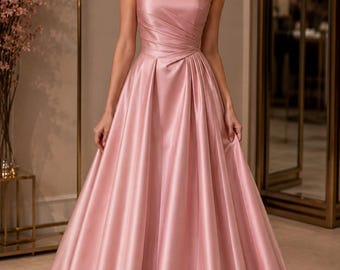 Blush Pink Satin Ball Gown Dress, Elegant Formal Evening Dress, Pearl Illusion Neck Prom Gown Princess A-Line Maxi Dress Wedding Guest dress