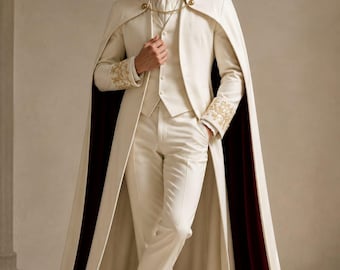 Ivory Gothic Wedding Cape Coat for Men, Victorian Vampire Collar Cloak, Royal Prince Wedding Outfit, Renaissance Formal Wear Custom Tailcoat
