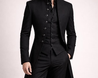 Men’s Gothic Victorian Coat Black Tailcoat Steampunk Jacket Vintage Formal Long Coat Slim Fit Wedding Outfit
