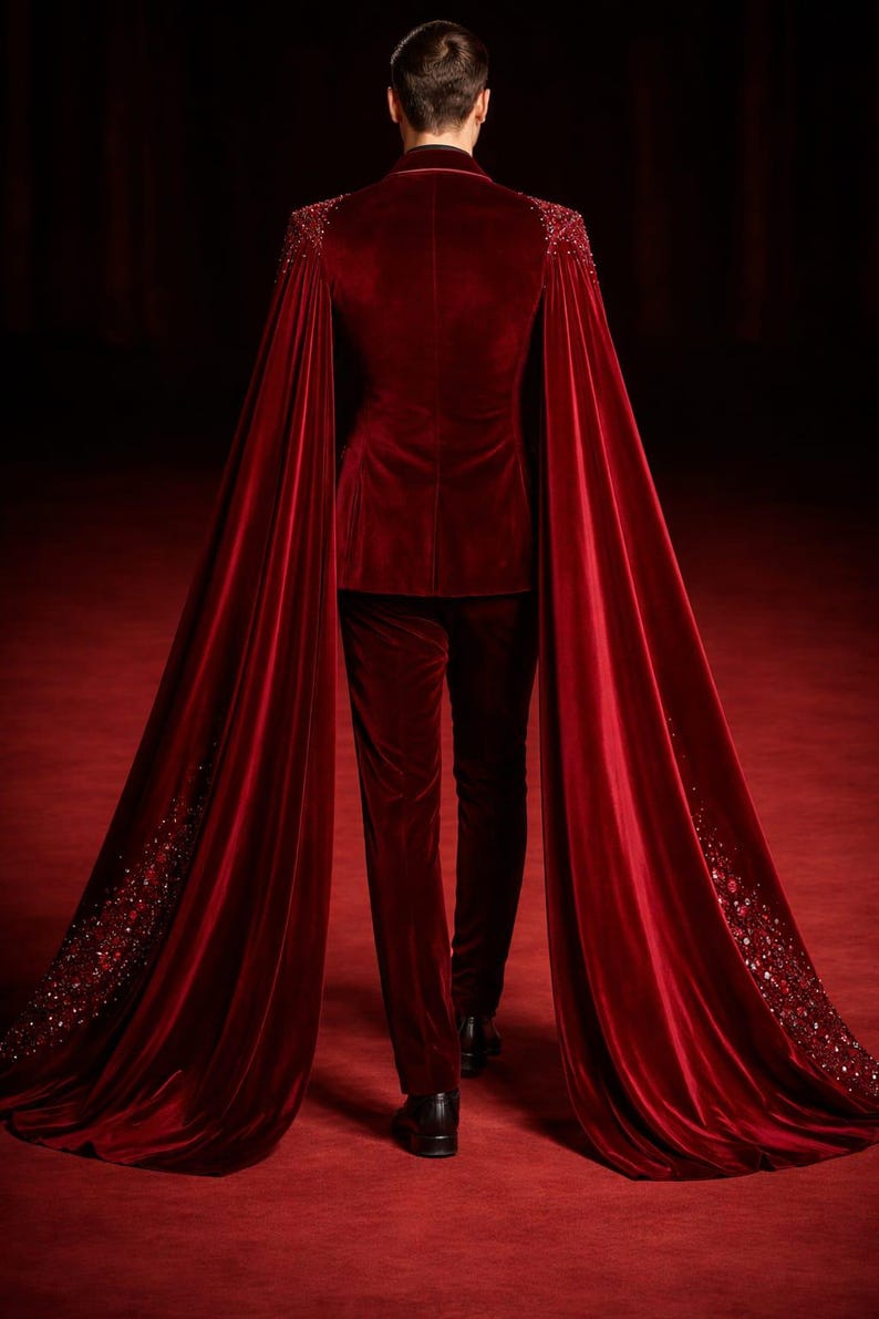 Vampire Formal Men’s Red Velvet Gothic Victorian Coat With Cape, Embroidered Blazer ...