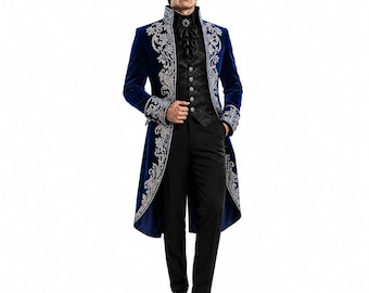 Royal Blue Victorian Men's Tailcoat Luxury Velvet Embroidered Groom Suit | Gothic Wedding Coat  Regency Formal Wear  Prince Charming Outfit