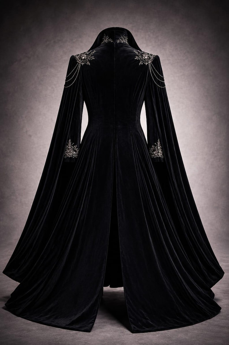 May include: A long, black velvet cloak with a high collar and flowing sleeves. The cloak features intricate silver embroidery and chain detailing on the shoulders and cuffs, creating an elegant, gothic aesthetic.