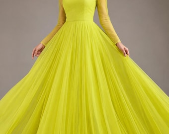 Lime Yellow Net Maxi Dress, Full Flare Tulle Gown, Long Sleeve Evening Dress, Floor Length Prom Dress, Simple Formal Dress for Women