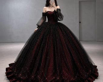 Gothic Black and Burgundy Ball Gown, Glitter Off Shoulder Prom Dress, Dark Fantasy Wedding Dress, Vampire Queen Quinceanera