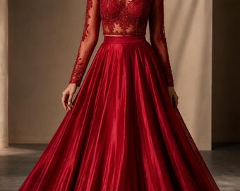 Elegant Red Silk Skirt Set with Sheer Net Blouse, Bridal Lehenga Outfit, Wedding Party Dress for Women, Embroidered Formal Wear