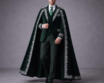 Emerald Green Velvet Men's Suit with Cape, Silver Embroidery Gothic Wedding Tuxedo, Victorian Vampire Frock Coat, Royal Regency Formal Wear