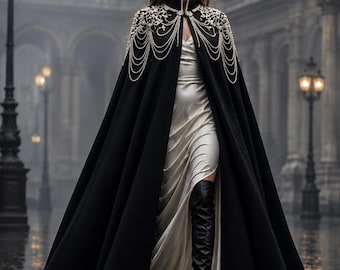 Black Royal Embellished Cape Gown, Luxury Couture Cloak Dress, Gothic Princess Evening Wear, Pearl Beaded Statement Cape, Elegant Runway .