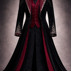 May include: A long black velvet coat with a burgundy vest and trim. The coat features ornate silver embroidery on the shoulders and sleeves. The design includes a high collar and a flowing skirt, creating a dramatic and elegant look.