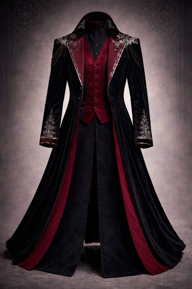 May include: A long black velvet coat with a burgundy vest and trim. The coat features ornate silver embroidery on the shoulders and sleeves. The design includes a high collar and a flowing skirt, creating a dramatic and elegant look.