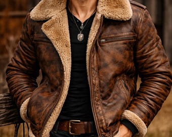 Men's Distressed Brown Leather Shearling Aviator Jacket, Western Pilot Coat