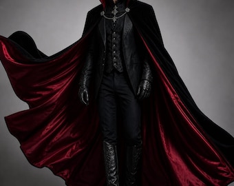 Gothic Vampire Cape Men Black Velvet Cloak Red Lining Dracula Coat Halloween Costume Royal Gothic Outfit Wedding Cape