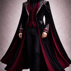 May include: A formal black velvet coat with a burgundy lining and accents. The coat features ornate silver embroidery on the shoulders and sleeves, paired with a burgundy vest and black trousers. The outfit is completed with black dress shoes.