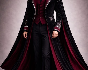 Abrigo gótico de vampiro para hombre – Capa de terciopelo negro – Traje de frac victoriano – Traje de novio regio para bodas – Ropa gótica de lujo para hombre