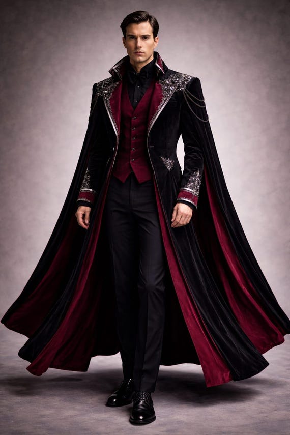 Gothic Vampire Coat Men – Black Velvet Cape Coat – Victorian Tailcoat Suit – Regal Groom Outfit Wedding Coat  – Luxury Gothic Menswear