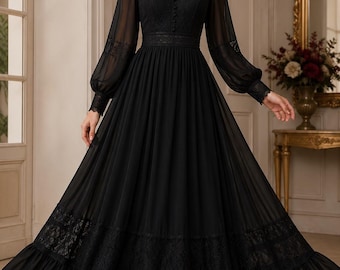 Elegant Black Maxi Dress | Vintage Lace Long Sleeve Gown | Formal Evening Dress | Modest Fashion | Handmade Frock