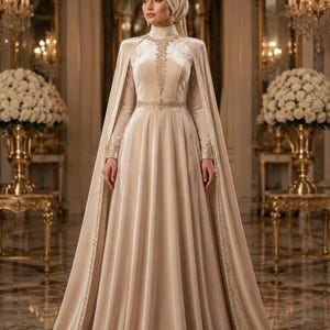 long cape sleeve dress muslim Modest Muslim Sage Green Evening Dress with Cape Long Sleeves LA72413A navy blue / 16w