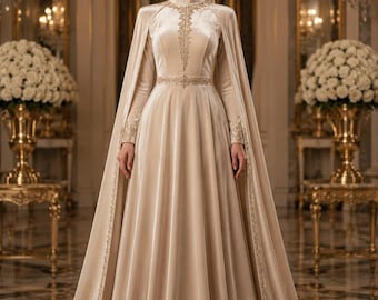 Ivory Velvet Modest Wedding Gown, Muslim Bridal Dress, Long Cape Wedding Dress, High Neck Bridal Gown, Islamic Wedding Dress, Royal dress.