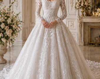 Sea Inspired Wedding Dress | Elegant Lace Bridal Gown | Beach Wedding Dress | Long Sleeve Bridal Maxi