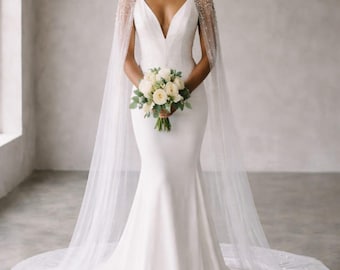 Minimalist Pearl Bridal Cape, Elegant Wedding Overlay, Modern Bride Veil