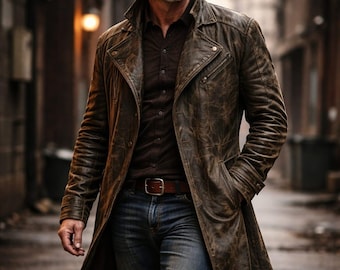 Men's Vintage Distressed Leather Duster Coat, Western Cowboy Trench Jacket