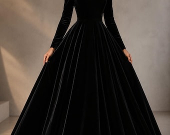 Black Velvet Formal Gown, Long Flared Evening Dress, Minimalist Luxury Frock for Women, Wedding Guest Dress, Elegant Floor Length Outfit