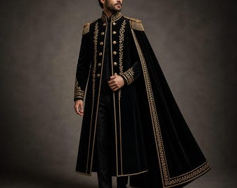 Luxury Gothic Military Style Coat for Men – Black Velvet with Gold Detail