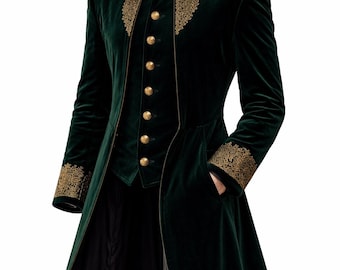 Emerald Green Velvet Coat, Gold Embroidery Hooded Jacket, Aristocrat Victorian Coat, Gothic Vintage Cloak, Royal Winter Coat