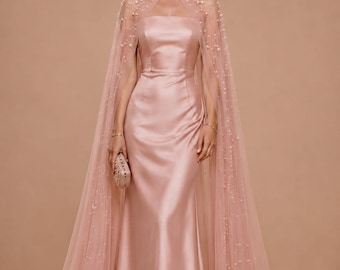 Blush Pink Satin Cape Gown, Pearl Cape Dress, Elegant Evening Dress, Modest Prom Gown, Formal Maxi Dress, Bridesmaid Cape Dress.