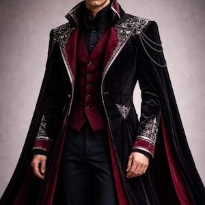 May include: A black velvet coat with a burgundy lining and accents. The coat features ornate silver embroidery on the shoulders and sleeves, with a matching burgundy vest and black trousers. A formal, gothic-inspired ensemble.