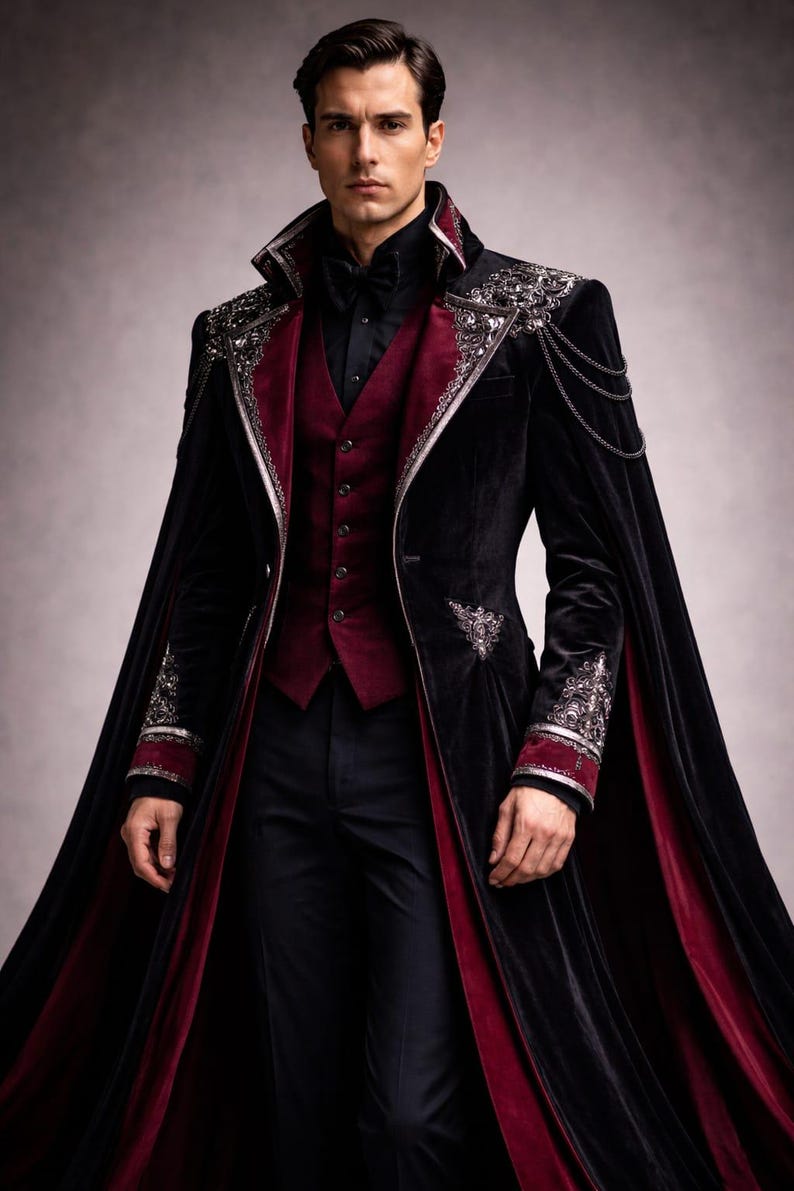 May include: A black velvet coat with a burgundy lining and accents. The coat features ornate silver embroidery on the shoulders and sleeves, with a matching burgundy vest and black trousers. A formal, gothic-inspired ensemble.