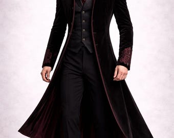 Gothic Black Velvet Frock Coat Men Victorian Regency Wedding Coat Burgundy Embroidery Vampire Tailcoat Formal Wear