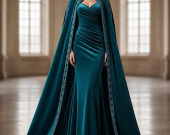 Royal Teal Velvet Cape Gown, Luxury Evening Dress, Embroidered Cloak Dress, Medieval Inspired Formal Gown, Fantasy Princess Dress Prom Dress