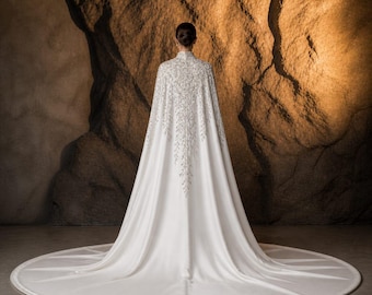 Luxury Ivory Bridal Cape, Satin Wedding Cape with Hand Embroidery, Long Train Bridal Cover Up, Minimalist Elegant Bride Cape