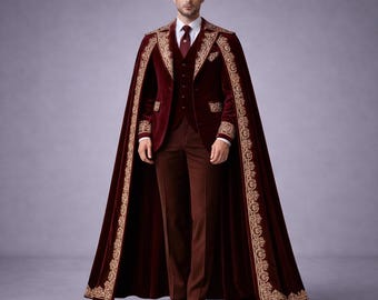 Royal Burgundy Velvet Men's Suit with Embroidered Cape | Luxury Wedding Groom Tuxedo | King Regalia | Prince Charming Cosplay 3pc Formal Set