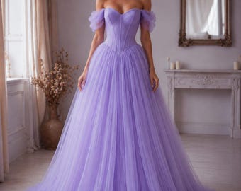 Lavender Tulle Prom Dress, Off Shoulder Ball Gown, Puffy Sleeve Dress,  Wedding Guest Dress, Princess Gown, Bridesmaid Dress, Evening Dress