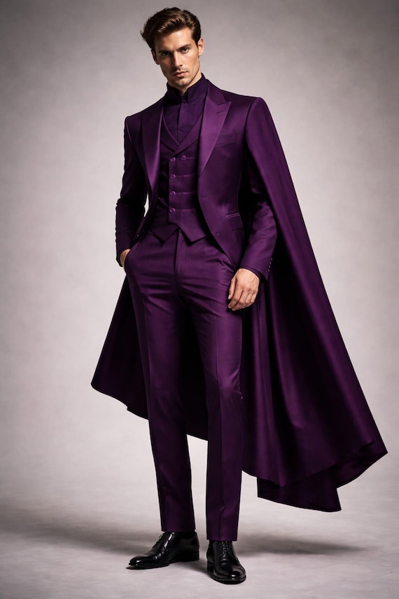 Purple Victorian Suit Men with Cape, Gothic Wedding Tailcoat, Steampunk Outfit, Royal Formal Suit, Slim Fit 3 Piece Suit, dark academia