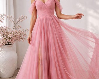 Blush Pink Tulle Maxi Dress, Western Net Fabric Gown, Off Shoulder Bridesmaid Dress, Flowy Evening Dress, Elegant Party Wear