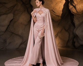 Blush Pink Embroidered Cape Dress, Satin Cape Gown, Pearl Beaded Bridal Outfit, Elegant Wedding Guest Dress, Luxury Evening Wear