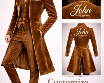 Custom Name Gothic Velvet Coat Men, Victorian Long Tailcoat, Personalized Embroidered Steampunk Wedding Outfit, Vintage Brown Velvet Jacket