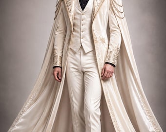 White Gothic Prince Coat, Victorian Tailcoat Suit for Men, Vampire Wedding Coat, Embroidered Regency Jacket, Royal Fantasy Outfit