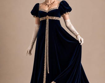 Victorian Regency Velvet Ball Gown Dress, Navy Blue Empire Waist Dress, Jane Austen Costume, Historical Evening Gown, Bridgerton  Dress.