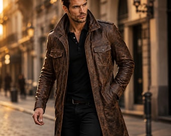 Mens Vintage Brown Leather Jacket Coat, Distressed Long Leather Trench Jacket, Retro Biker Streetwear Coat, Gothic Winter Outerwear for Men